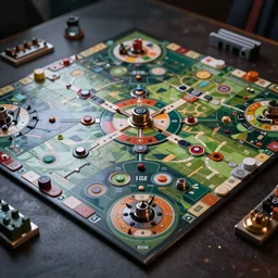 a flat board game futuristic, tabletop game board, hyper realism, cinematic, dramatic ambient lighting, epic composition, high detail, octane render, unreal engine, 8 k, smooth gradients, professional photo, photorealistic, digital art, deviantart artstation, ray tracing, intricate complexity, extremely detailed,