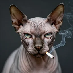 photographic portrait of a wrinkly sad max ernst hairless cat face, editorial, cigarette smoke