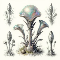 Alien plant from alpha centauri, illustrated from nature. highly detailed botanical field sketches. Alien hybrid, opalescent, metallic