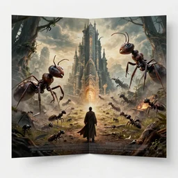 landscape cinematic of a war between giant ants and wizards epic movie poster fold-out