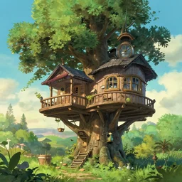 treehouse, solarpunk studio ghibli, jean - baptiste monge, octane render, 4 k