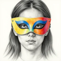 a drawing of a colorful masked man's face with long hair, an ultrafine detailed painting by Maryam Hashemi, featured on pixiv, metaphysical painting, woodcut, tarot card , award winning photo