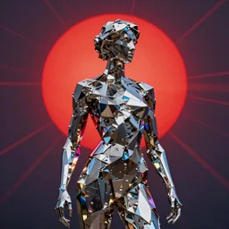 realistic 8k Louise Bourgeois Sculpture of random jagged reflective metal pieces forming the shape of a person silhouetted by a bright red sun, volumetric god rays, glinting metal, neon colors, cyberpunk, smooth, sharp focus, 24mm lens, DOF, hyper realistic, art by Greg Rutkowski and Ruan Jia and Giger