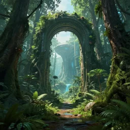 portal in a middle of a lush futuristic forest, alien world seen through a portal, syd mead, john harris