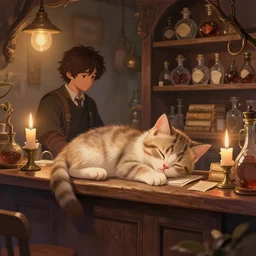 beautiful fantasy illustration of an adorable kitten sleeping on the counter of a potion shop. candles, books. by andreas rocha and marc simonetti, trending on artstation 8k hq