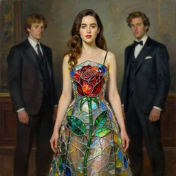 emilia clark wearing a dress made from stained glass in the design of a rose. painting by artgerm and greg rutkowski and ilya kuvshinov