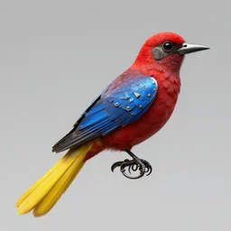 realistic steampunk bird, red airbrush on yellow tail saw, blue iron plates for feathers, black scissor for beak, dark scissor blades for skull, digital art, photorealistic, 4 k
