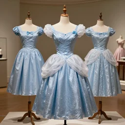 the film still photographed image is a vintage summer day dress ensemble from the 1 9 6 0 s. the ensemble is inspired by cinderella. it is displayed on a mannequin in a museum exhibit.