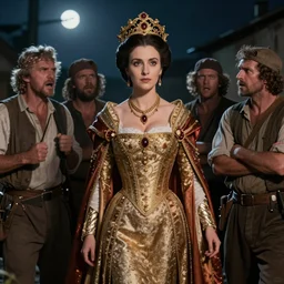 Empress Sisi in a group of angry peasants at night, epic lighting, digital art