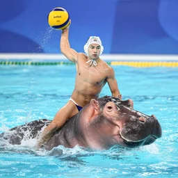 a water polo player riding a hippopotamus. photograph.