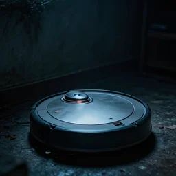 a roomba being sad, horror movie scene, eerie, spooky