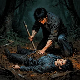 a man digging up a dead body, subtle blue, orange, and dark green tones, high quality, high detail, dark colors, sinister atmosphere, dramatic lighting, cinematic, establishing shot, extremely high detail, photo realistic, cinematic lighting, pen and ink, intricate line drawings, by Yoshitaka Amano, Ruan Jia, Kentaro Miura, Artgerm, post processed, concept art, artstation, matte painting, style by eddie mendoza, raphael lacoste, alex ross, album artwork
