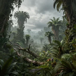 A realistic detailed photo of a futuristic jungle, alien plants, grey sky, hidden animals, some fallen trees, foggy landscape, light particles, detailed light, realistic shaders, trending on artisation, detailed textures, detailed, realistic