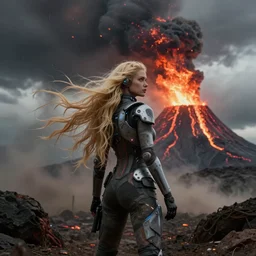 volcano eruption post apocalyptic scene with a long haired flowing blonde cyber girl futuristic mars mad max bladerunner stormy weather