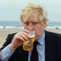 film still close - up shot of boris johnson on the beach and drinking a beer with chocolate biscuits from the movie monty python's the meaning of life. photographic, photography