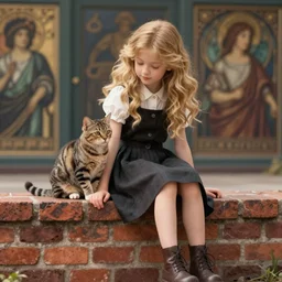 a girl with blond wavy hair sits with her tabby cat on a low brick wall, artstation, concept art, soft light, hdri, smooth, sharp focus, illustration, fantasy, highly detailed, d & d, matte painting, greg rutkowski and alphonse mucha, artemisia, jurgens, rutkowski