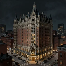photorealistic painting of a 1 9 2 0 s gothic style hotel in downtown boston, overlooking a dark street, architectural, atmospheric lighting, brooding, painted, intricate, ultra detailed, well composed, best on artstation, cgsociety, epic, horror, stunning, gorgeous, intricate detail, much wow, masterpiece, cinematic aesthetic octane render, 8 k hd resolution,
