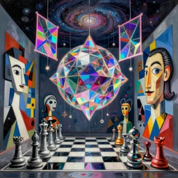 an extremely high quality hd surrealism painting of a 3 d galactic neon complimentary - colored cartoon surrealism melting optical illusion 4 d perspective picasso room by dali and kandinsky with a spherical glassy multifaceted prismatic merkaba installation made of holographic neon xray film hanging from the rafters, by kandinsky by picasso, 4 k, high quality, ultra realistic, glass, vector, chess