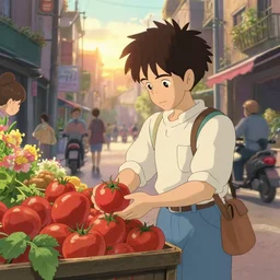 a wholesome urban illustration of a boy trying to earn money selling tomatoes on a busy street, studio Ghibli, Pixar and Disney animation, sharp, Rendered in Redshift and Unreal Engine 5 by Greg Rutkowski, Bloom, dramatic lighting, sunrise
