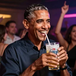 barack obama drinking pbr at a dance club, big smile, realistic full color