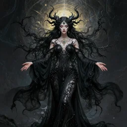 a beautiful depiction of the goddess Lilith, mystical third eye, dressed in flowing black clothing, black fractal filigree, by James Jean, by Dan Seagrave, occult, stunning, psychedelia