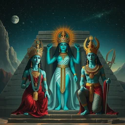 aztec temple, triad of cyan - skinned characters as mighty goddesses and gods, neoclassicism roman renaissance painting scene, eva poster, fantastical greek art, hindu latina idol obsidian skin cyberpunk, favourite movie still, cycles, highest quality, golden ratio, very colorful, exquisitely tasteless, starry sky, heresy, orthodox icon