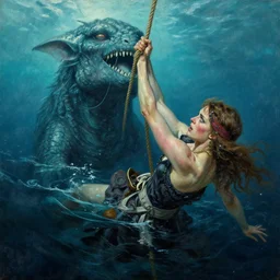 oil painting, a scene from pirates of the caribbean, norwegian sea monster draugen beneath the water, a woman holding a rope fighting for her life above the water greg rutkowski and ilya kuvshinov, masterpiece illustration, ultrarealistic, perfect face and anatomy, golden ratio