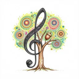 single line drawing of an acorn growing into a tree in shape of treble clef, splash of color, voroni diagram