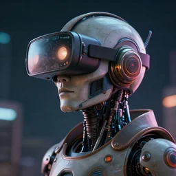 retro vintage sci - fi, cyborg robot wearing vr headset, 3 d illutration, profile portrait, night, detailed, cyberpunk style, character, ai, detailed,