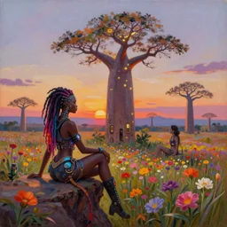 an exotic african cyberpunk woman with colorful dreadlocks sitting on a cliff overlooking a field of colorful flowers with a giant glowing baobab tree in the middle, it is sunset, by greg rutkowski and android jones and Alena Aenami in a surreal cyberpunk! style, oil on canvas, 8k hd,