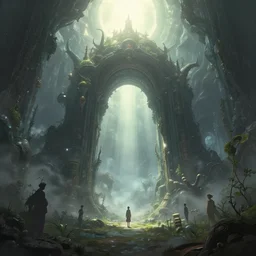 a portal in an alien planet, a view to an eerie fantasy world, matte painting, ethereal back light, mist, coherent composition, detailed fantasy painting by artgerm, noriyoshi ohrai, yuumei, stephen bliss, unreal engine, fantasy art by greg rutkowski, loish, rhads, ferdinand knab, makoto shinkai, lois van baarle, ilya kuvshinov, rossdraws, tom bagshaw, alphonse mucha, global illumination, radiant light, detailed and intricate environment