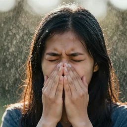 The exact moment they sneeze captured by a Still photograph. F4.0 shutter speed 1200 iso 1600 outdoor backlit studio lighting water droplets frozen in the air, photorealistic, dramatic, award winning, intricate details, 8K