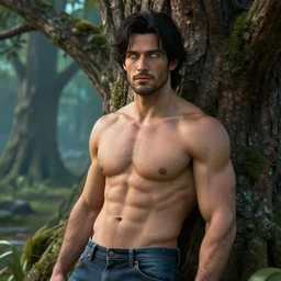 a photograph of a thirty - something healthy man with a medium chiseled face, with 5 oclock shadow, but not too much. piercing white eyes, short - medium length dark black hair, wearing jeans leans against a magical tree romance novel fantasy photoshoot epic detailed and itricate digital photo trending on artstation by wlop octane render