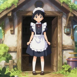 ( final draft ) anime maid standing inside a fairy tale cottage.