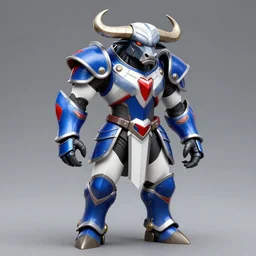 buffalo coated with majestic blue, white and red body armor, creature design, high fantasy, cgsociety