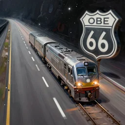 cyberpunk locomotive on route 66 to outer space. vanishing point. Super highway. High speed. Digital render. digital painting. Beeple. Noah Bradley. Cyril Roland. Ross Tran. trending on artstation.