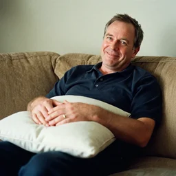 film still of peter dutton laying on a couch smiling at the camera holding a pillow on his lap