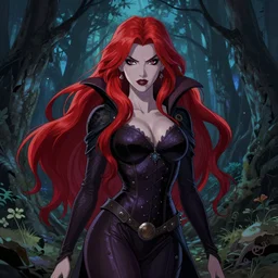 a beautiful comic book illustration of a vamapire woman with long red hair in the forest at night by Jerome Opeña, featured on artstation