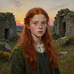 a well - lit, realistic oil painting portrait of a girl resembling a young, shy, redheaded irish alicia vikander or millie bobby brown in moss - covered ancient stone ruins at sunset, highly detailed, intricate, concept art, artstation, by donato giancola, ron cobb, and artgerm