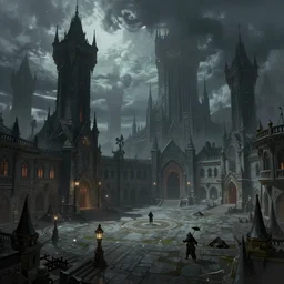 a wide open courtyard in an ominous city for evil overlords, dark towers, a fantasy digital painting by greg rutkowski and james gurney, trending on artstation, highly detailed