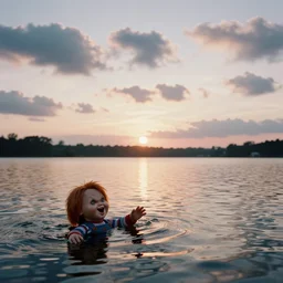 highly detailed film photo of sunset clouds with a calm lake in the background and a screaming chucky swimming ashore by greg rutkowski cinematic 3 5 mm