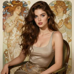 gorgeous woman with long wavy brown, blue eyes, luscious lips, wearing a low cut tanktop and skirt, sitting in a chair. highly detailed, digital painting, artstation, concept art, smooth, sharp focus, illustration, art by artgerm and alphonse mucha, high definition digital art, in the style of ilya kuvshinov and Ross tran