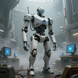 An intriguing highly detailed robot in an atmospheric and volumetric fog filled abandoned spaceship with lots of machines and computers, digital art, fantastic composition, astonishing detail, beautiful composition, award winning