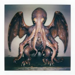 beautiful, award winning photo of a monster of vaguely anthropoid outline, but with an octopus - like head whose face was a mass of feelers, a scaly, rubbery - looking body, prodigious claws on hind and fore feet, and long, narrow wings behind, hyperealistic detailed photography polaroid, 5 0 mm lens, motion blur, grainy image