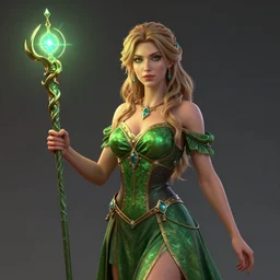 a woman in a green dress holding a magic staff,character portrait by Magali Villeneuve,featured on polycount, fantasy art, concept art, d&d,detailed!!!!!