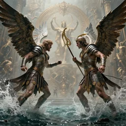 Gladiators fighting angels of God turning into water, high detail, 8k, ornate, masterpiece, complex, haze, film still from the movie directed by Denis Villeneuve with art direction by Pablo Picasso and Greg rutkowski, Alex Gray, wide angle