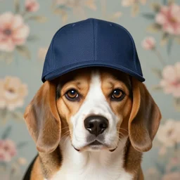 beagle cat with a hat, beagle ears, cat eyes, beagle nose, cat whiskers, floral background, head shot, studio, 38mm
