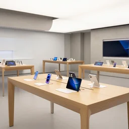 (mobiles and tablets on display on large tables in a wood and concrete flagship retail interior Samsung Microsoft, Apple, , empty stools, lush verdant plants, colorful digital screens) XF IQ4, 14mm, f/1.4, ISO 200, 1/160s, 8K, RAW, unedited, symmetrical balance, architectural photography, in-frame