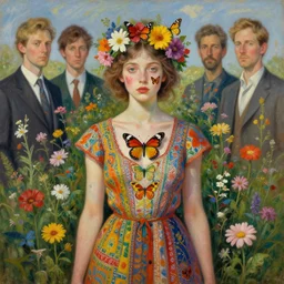 a beautiful girl covered with butterflies wearing a colourful patterned dress and a flower crown surrounded by wild flowers, painted by edgar maxence, edward hopper, wayne barlowe, james gilleard and james jean