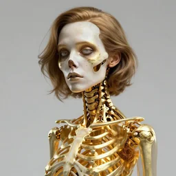 portrait of an absurdly ugly, ungraceful, unsophisticated, unfashionable futuristic female golden skeleton with sections of skin showing, glowing internal light, hyperdetailed illustration by irakli nadar and alexandre ferra, intricate linework, faberge, intricate gold linework, dark atmosphere, unreal engine 5 highly rendered, global illumination, radiant light, detailed and intricate environment